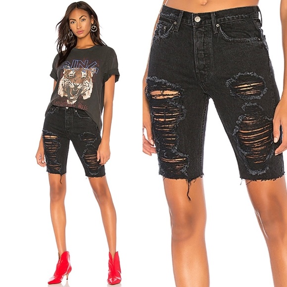 GRLFRND Pants - GRLFRND Beverly Long Jean Shorts Black High Rise